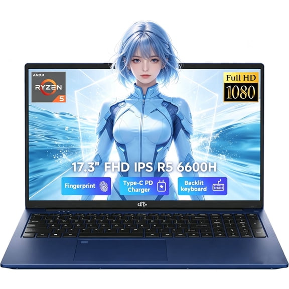 17.3" AI-Creator-Laptop, 6-Core AMD R5 6600H 16GB RAM 512GB SSD (Beat i7-1355U up to 4.5GHz) Radeon 660M, FHD IPS 100W Fast PD for Video Editing, Multitasking, Remote Work & Study, 180° Views