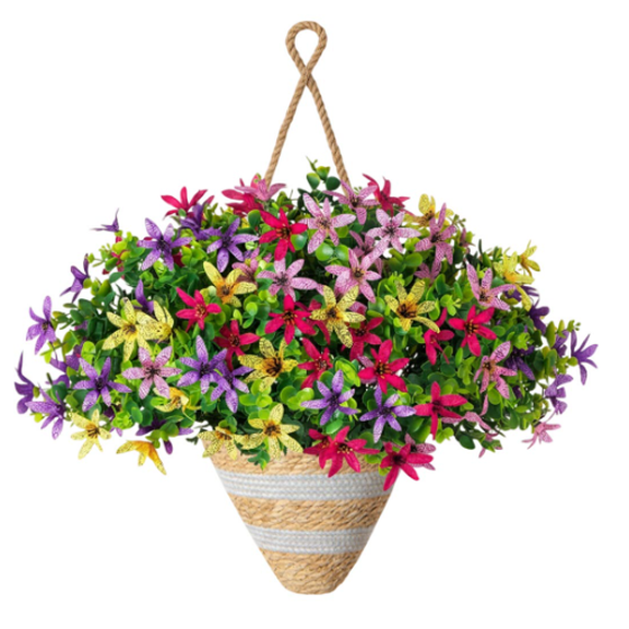 17.3" Artificial Fake Hanging Plants Flowers Basket for Summer Outdoor Outside Porch Decoration,UV Resistant Faux Silk Violet in Planter for Home Garden Yard Decor 1Pcs, A