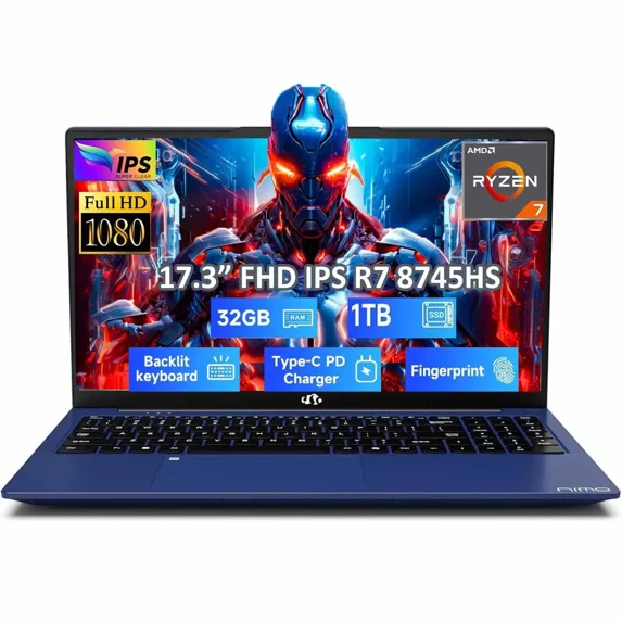 17.3" Business Gaming Laptop, AMD Ryzen 7 8745HS 32GB DDR5 RAM 1TB SSD (8C/16T, up to 4.9GHz) Radeon 780M Graphics Business Computer with 100W Type-C Backlit Keyboard, Fingerprint USB-C 4.0
