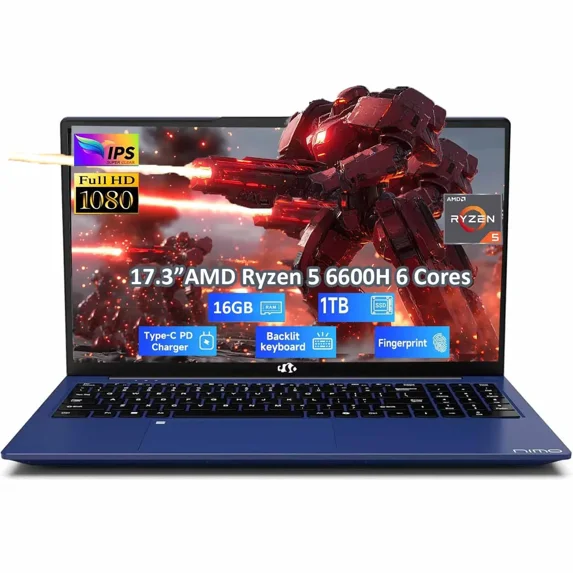 17.3" Business Laptop, AMD Ryzen 5 6600H 6 Cores (Beat i7-1165G7, Up to 4.5GHz)16GB DDR5 RAM 1TB SSD Radeon 660M GPU-Computer with 100W Type-C Backlit Keyboard Fingerprint