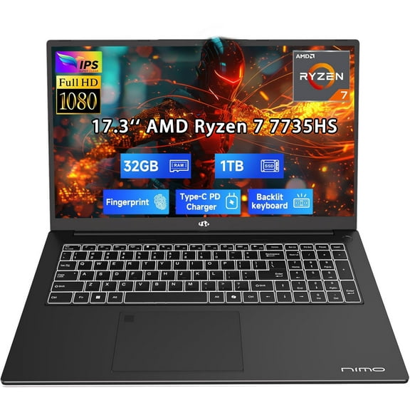 17.3" Business-Laptop, AMD Ryzen 7 7735HS (8C/16T), 32GB RAM 1TB NVMe SSD, Radeon 680M for Light Gaming, PD 100W Type-C WiFi-6E BT5.2 Fingerprint Unlock Backlit Keyboard for Working & Student