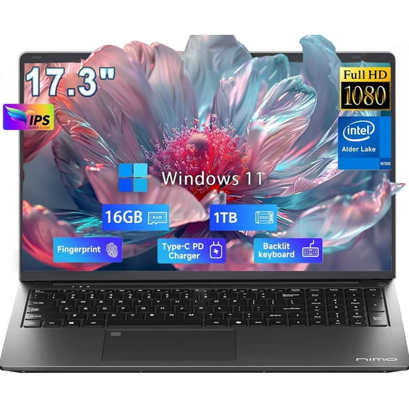 17.3" Business Laptop Computer Webcam Windows 11 Pro Intel Quad-Core N100 16GB RAM 1TB SSD Backlit Keyboard Wi-Fi Fingerprint Type-C -Gray