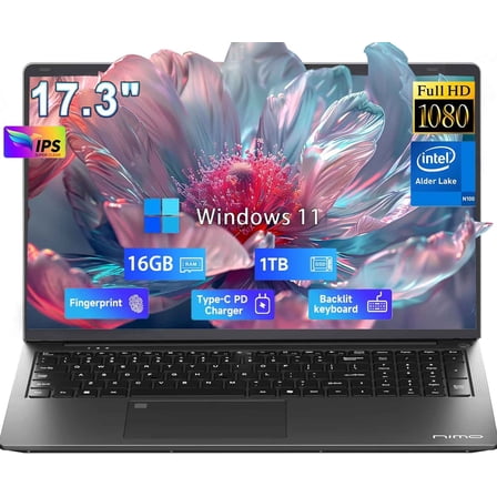 17.3" Business Laptop Computer Webcam Windows 11 Pro Intel Quad-Core N100 16GB RAM 1TB SSD Backlit Keyboard Wi-Fi Fingerprint Type-C -Gray