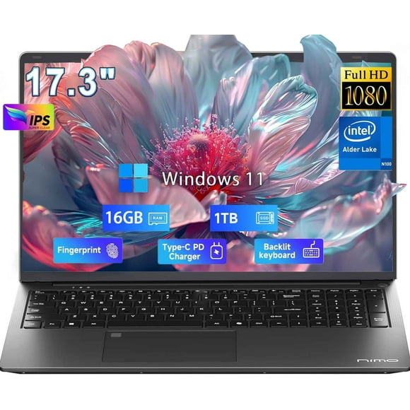 17.3" Business Laptop Computer Webcam Windows 11 Pro Intel Quad-Core N100 16GB RAM 1TB SSD Backlit Keyboard Wi-Fi Fingerprint Type-C -Gray