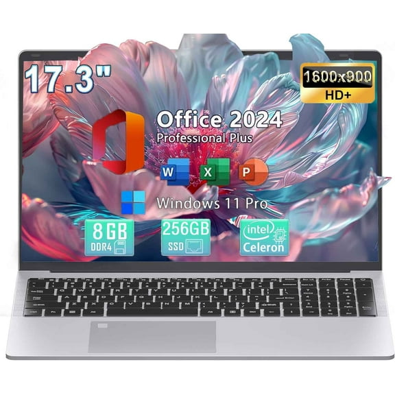 17.3" Business Laptop Computer Office 2024 Webcam Windows 11 Pro Intel Quad-Core N5095 8GB RAM 256GB SSD Backlit Keyboard Wi-Fi Fingerprint Type-C -Silver