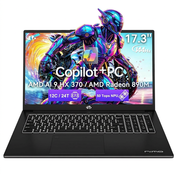 17.3" FHD 144Hz AI Laptop 16GB RAM 1TB SSD AMD Ryzen AI 370 (50 TOPS NPU) with Radeon 890M GPU-100W PD USB 4.0 eGPU Support Local AI Workstation Black