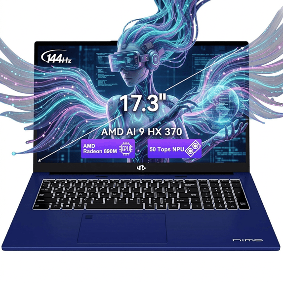 17.3" FHD 144Hz AI Workstation Laptop 64GB RAM 4TB SSD AMD Ryzen AI 370 (50 TOPS NPU) with Radeon 890M GPU-USB 4.0 eGPU Support 100W PD Blue