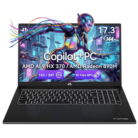 17.3" FHD 144Hz Professional AI Laptop 16GB RAM 1TB SSD AMD Ryzen AI 370 Processor (50 TOPS NPU) with AMD Radeon 890M Graphics-100W PD USB 4.0 eGPU Support Local AI Workstation Black