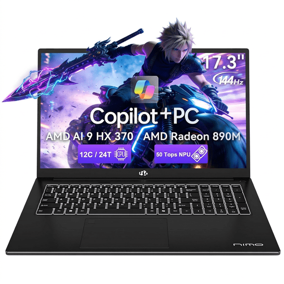 17.3" FHD 144Hz Professional AI Laptop - 32GB RAM 1TB SSD AMD Ryzen AI 370 (50 TOPS NPU) with Radeon 890M GPU USB 4.0 eGPU Support 100W PD Local AI Workstation Black