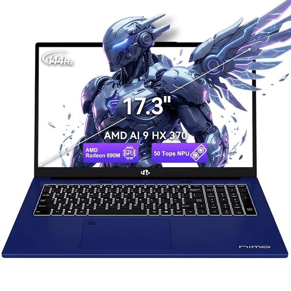 17.3" FHD AI Laptop PC 32GB RAM 2TB SSD AMD Ryzen AI 370 Processor (50 TOPS NPU) with Radeon 890M Graphics 144Hz Display USB4 eGPU Support 100W PD Blue