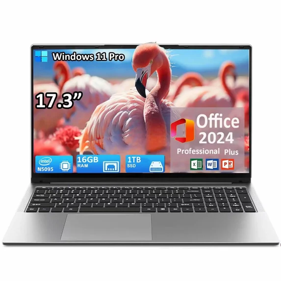 17.3" FHD Business Laptop Computer Windows 11 Pro Office 2024 Ultra-Thin Laptop 16GB RAM 1TB SSD Webcam Type-C Backlit Keyboard Intel N5095 Fingerprint BT 5.0
