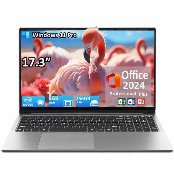 17.3" FHD Business Laptop Computer Windows 11 Pro Office 2024 Ultra-Thin Laptop 8GB RAM 256GB SSD Webcam Type-C Backlit Keyboard Intel N5095 Fingerprint BT 5.0