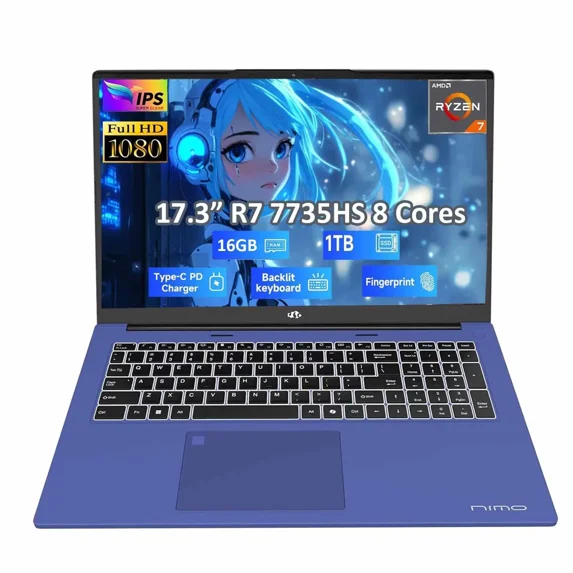 17.3" FHD Gaming Business Laptop, AMD Ryzen 7 7735HS (8C/16T, Beats i7-12650H) 16GB DDR5 RAM 1TB SSD Computer with Radeon 680M, 100W Type-C, WiFi-6E, 75Wh Battery, Fingerprint, Backlit Keyboard
