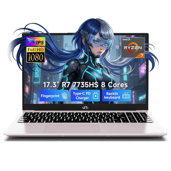 17.3" FHD Gaming Laptop 16GB DDR5 RAM 512GB SSD AMD Ryzen 7 7735HS (8-Core, Beats i7-12650H) with AMD Radeon 680M Graphics 100W Type-C Wi-Fi 6E Backlit Keyboard Fingerprint 58Wh Battery RoseGold