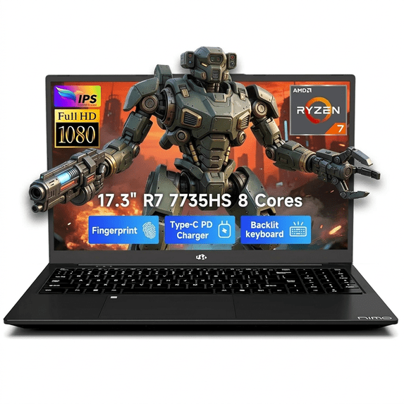 17.3" FHD Gaming Laptop 16GB DDR5 RAM 512GB SSD AMD Ryzen 7 7735HS (Beats i7-12650H, 8-Core) with Radeon 680M-100W Type-C Wi-Fi 6E Backlit Keyboard Fingerprint Black