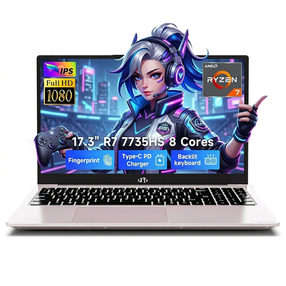 17.3" FHD Gaming Laptop 16GB DDR5 RAM 512GB SSD AMD Ryzen 7 7735HS (Beats i7-12650H, 8 Cores) with AMD Radeon 680M Graphics 100W Type-C Wi-Fi 6E Backlit Keyboard Fingerprint RoseGold