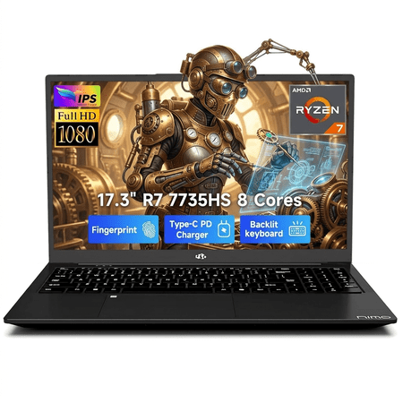 17.3" FHD Gaming Laptop 64GB DDR5 RAM 2TB SSD AMD Ryzen 7 7735HS (8C/16T, Beats i7-12650H) with Radeon 680M 100W Type-C Wi-Fi 6E Backlit Keyboard Fingerprint Black