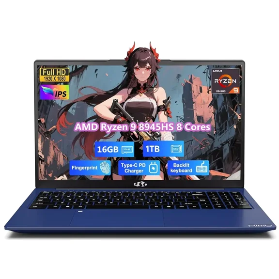 17.3" FHD Gaming Laptop 8 Cores AMD Ryzen 9 8945HS (>i9-13900H) 16GB RAM, 1TB SSD, Radeon 780M, PD 100W USB-C 4.0 AI-Enhanced for Copilot VR Ready Fingerprint Unlock, Student Office Business, Blue