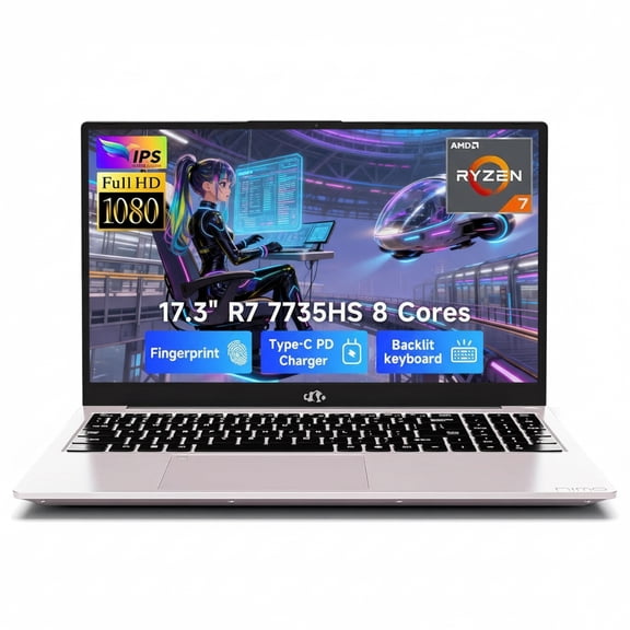 17.3" FHD Gaming Laptop AMD R7 7735HS 16GB DDR5 RAM 512GB SSD (8-Core, Beats i7-12650H) with Radeon 680M Graphics 100W Type-C Wi-Fi 6E Backlit Keyboard Fingerprint 58Wh Battery