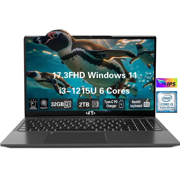 17.3" FHD High-performance laptop, Windows 11, Conference camera, Type-C 65W PD fast charger, Intel i3-1215U 32GB 2TB SSD, Lightweight Business Computer, fingerprint, Backlit keyboard