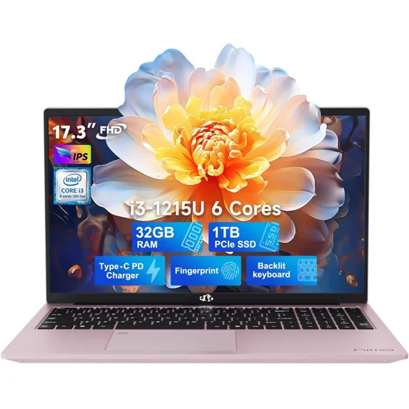 17.3" FHD High-performance laptop, Windows 11, Conference camera, Type-C 65W PD fast charger, Intel i3-1215U 32GB 1TB SSD, Lightweight Business Computer, fingerprint, Backlit keyboard