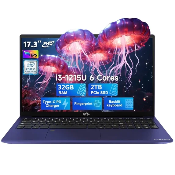 17.3" FHD IPS Business Laptop, 32GB RAM 2TB SSD, 12th Gen Intel Core i3-1215U (6-Cores Up to 4.4GHz Beat i5-1135G7), Type-C 65W PD Fast Charger, Win 11, Fingerprint Backlit Keyboard Wi-Fi 6 Blue