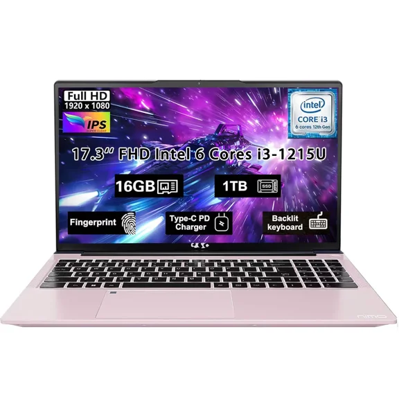17.3" FHD IPS Laptop, Intel Core i3-1215U 6-Core Processor (Up to 4.4GHz) 16GB RAM 1TB SSD Intel UHD Graphics 65W GaN Type-C Charger Backlit Keyboard Fingerprint, For Home, Student, Business RoseGold