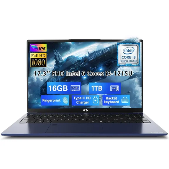 17.3" FHD IPS Laptop, Intel Core i3-1215U 6-Core Processor (Up to 4.4GHz) 16GB RAM 1TB SSD Intel UHD Graphics, 65W GaN Type-C Charger, Backlit Keyboard, Fingerprint, For Home, Student, Business, Blue