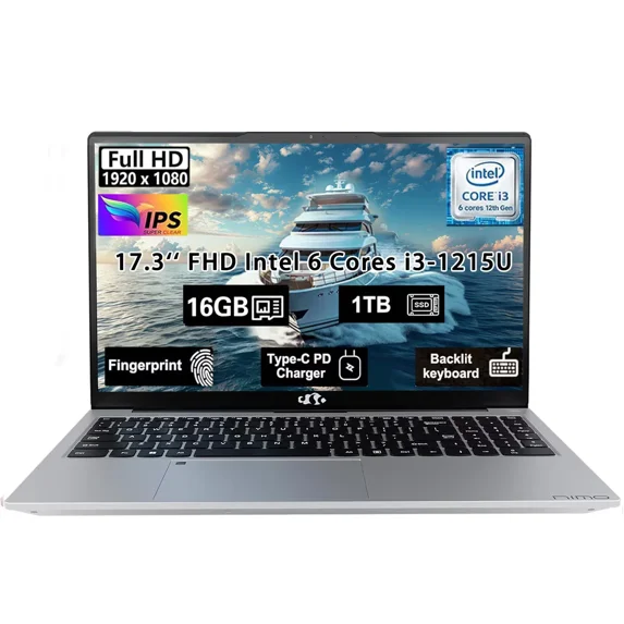 17.3" FHD Laptop Computer Intel Core i3-1215U 6-Core Processor (Up to 4.4GHz) 16GB RAM 1TB SSD Intel UHD Graphics 65W GaN Type-C Charger Backlit Keyboard Fingerprint For Home Student Business Silver