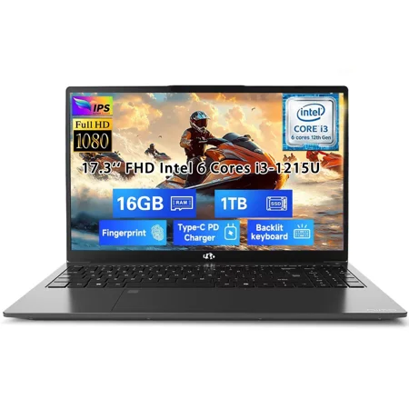 17.3" FHD Laptop Computer Intel Core i3-1215U 6-Core Processor (Up to 4.4GHz) 16GB RAM 1TB SSD Intel UHD Graphics 65W GaN Type-C Charger Backlit Keyboard Fingerprint For Home Student Business Gray