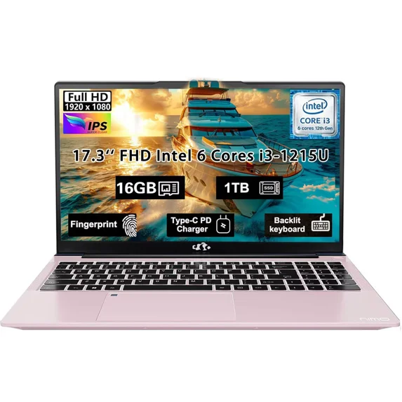 17.3" FHD Laptop Computer Intel Core i3-1215U 6-Core Processor (Up to 4.4GHz) 16GB RAM 1TB SSD Intel UHD Graphics 65W GaN Type-C Charger Backlit Keyboard Fingerprint For Student Business RoseGold
