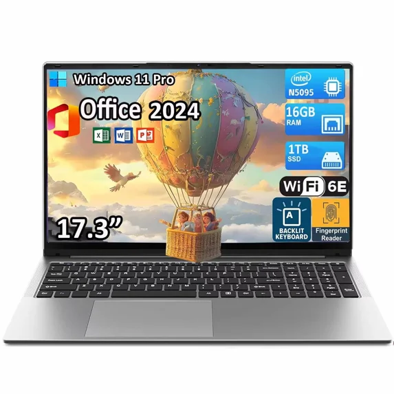 17.3" FHD Laptop Computer Windows 11 Pro Office 2024 Intel N5095 16GB RAM 1TB SSD Webcam Type-C Backlit Keyboard Fingerprint BT 5.0 Business Laptop Ultra-Thin Laptop