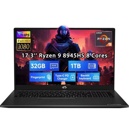 17.3" FHD New Gaming Laptop, AMD Ryzen 9 8945HS 32GB DDR5 RAM 1TB SSD (Up to 5.2GHz) Radeon 780M, PD 100W Type-C AI-Enhanced for Copilot VR Ready, Backlit Keyboard, Fingerprint, 75W Battery