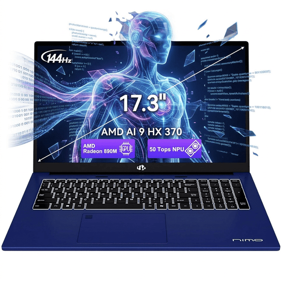 17.3" FHD Professional AI Workstation Laptop 64GB RAM 2TB SSD AMD Ryzen AI 370 (50 TOPS NPU) with Radeon 890M GPU 144Hz USB4 eGPU Support 100W PD - Blue