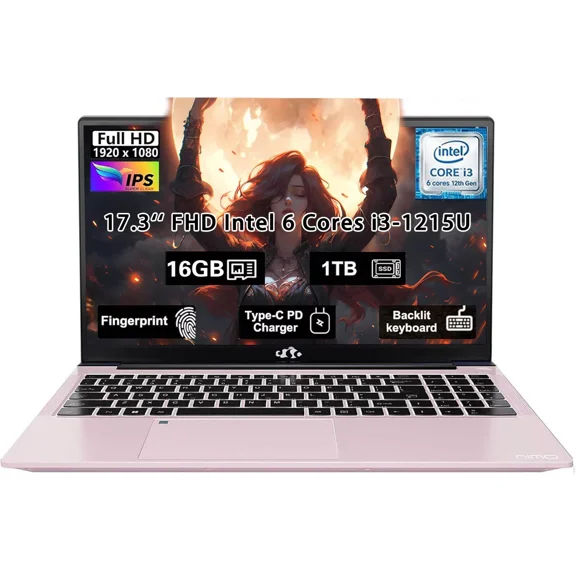 17.3" FHD Windows11 Laptop Computer Intel Core i3-1215U 6-Core (Up to 4.4GHz) 32GB RAM 1TB SSD Intel UHD Graphics 65W GaN Type-C Charger Backlit Keyboard Fingerprint For Student Business RoseGold