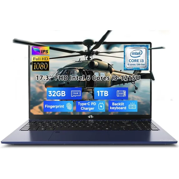 17.3" FHD Windows11 Laptop Computer Intel Core i3-1215U 6-Core (Up to 4.4GHz) 32GB RAM 1TB SSD Intel UHD Graphics 65W GaN Type-C Charger Backlit Keyboard Fingerprint For Home Student Business Blue