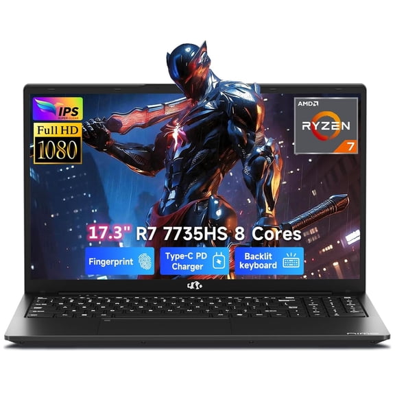 17.3" Gaming Laptop 2026 NEW, AMD Ryzen 7 7735HS (Boost 4.75GHz), 16GB DDR5 RAM, 256GB SSD, AMD Radeon 680M, 1080P FHD Display, Backlit Keyboard, 100W PD Fast Charge, 2X Full-Function USB-C, Black