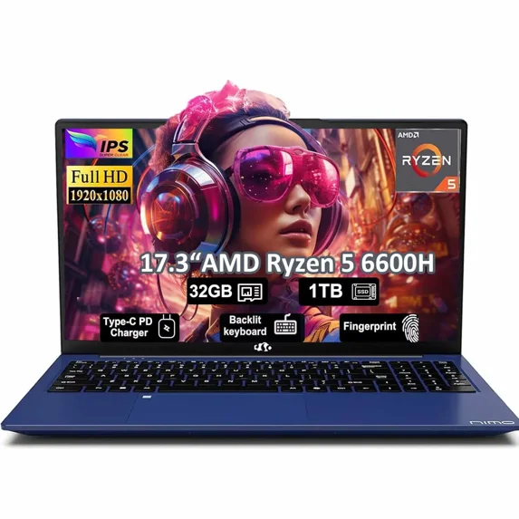 17.3" Gaming Laptop, 32GB DDR5 RAM 1TB SSD AMD Ryzen 5 6600H 6 Cores (Beat i7-1165G7, Up to 4.5GHz) Radeon 660M GPU-Computer with 100W Type-C Backlit Keyboard Fingerprint