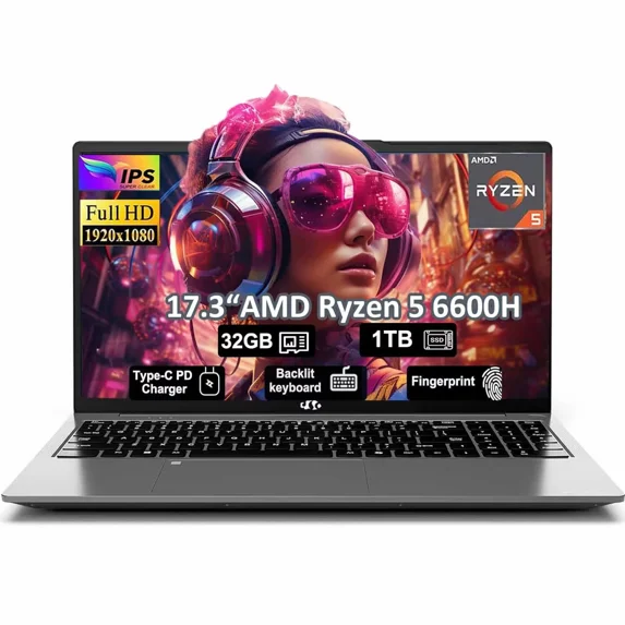 17.3" Gaming Laptop, 32GB DDR5 RAM 1TB SSD AMD Ryzen 5 6600H 6 Cores (Beat i7-1165G7, Up to 4.5GHz) Radeon 660M GPU-Computer with 100W Type-C Backlit Keyboard Fingerprint