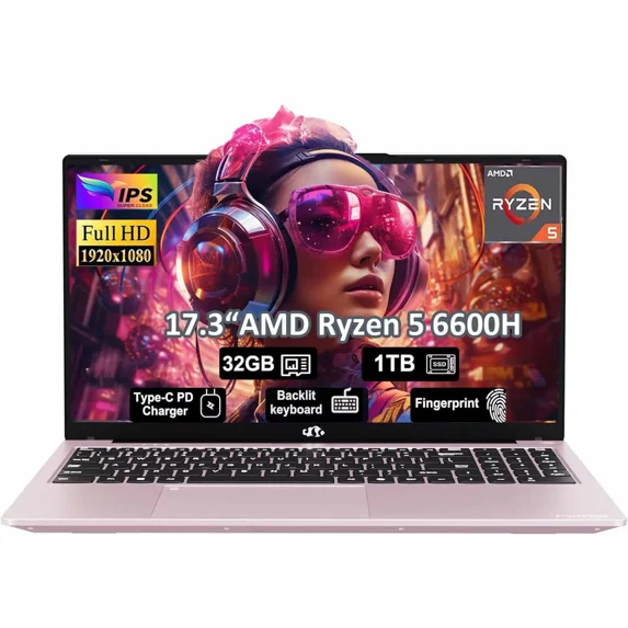 17.3" Gaming Laptop, 32GB DDR5 RAM 1TB SSD AMD Ryzen 5 6600H 6 Cores (Beat i7-1165G7, Up to 4.5GHz) Radeon 660M GPU-Computer with 100W Type-C Backlit Keyboard Fingerprint