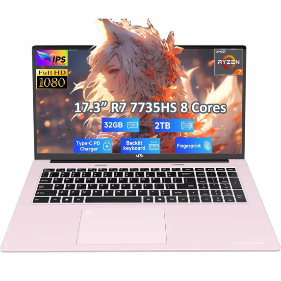 17.3" Gaming-Laptop, AMD R7 7735HS (8C/16T, Beats i7-12650H) 32GB DDR5 RAM 2TB SSD Computer with Radeon 680M, 100W Type-C, Wi-Fi 6E, 76Wh Battery, Fingerprint, Backlit Keyboard for Business
