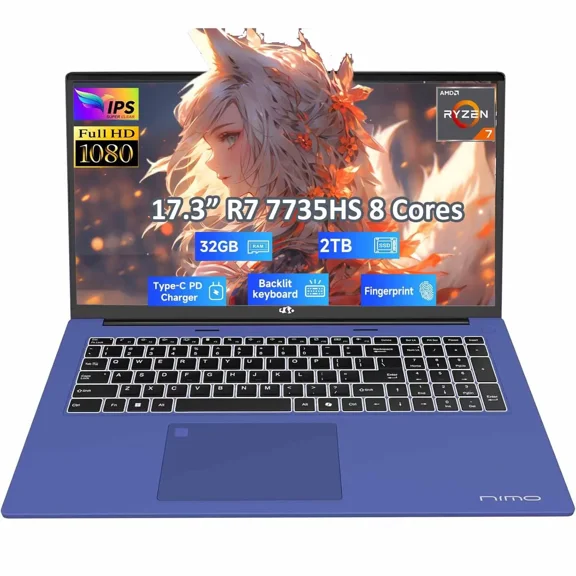 17.3" Gaming-Laptop, AMD R7 7735HS (8C/16T, Beats i7-12650H) 32GB DDR5 RAM 2TB SSD Computer with Radeon 680M, 100W Type-C, Wi-Fi 6E, 76Wh Battery, Fingerprint, Backlit Keyboard for Business