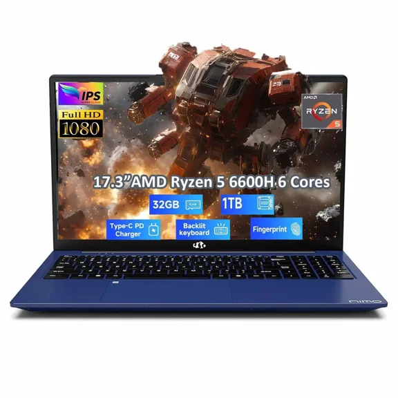 17.3" Gaming Laptop, AMD Ryzen 5 6600H 6 Cores 32GB DDR5 RAM 1TB SSD (Beat i7-1165G7, Up to 4.5GHz) Radeon 660M GPU-Computer with 100W Type-C Backlit Keyboard Fingerprint Win 11