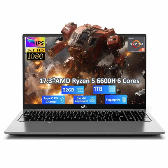 17.3" Gaming Laptop, AMD Ryzen 5 6600H 6 Cores 32GB DDR5 RAM 1TB SSD (Beat i7-1165G7, Up to 4.5GHz) Radeon 660M GPU-Computer with 100W Type-C Backlit Keyboard Fingerprint Win 11