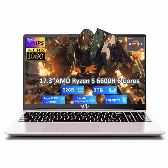 17.3" Gaming Laptop, AMD Ryzen 5 6600H 6 Cores 32GB DDR5 RAM 2TB SSD (Beat i7-1165G7, Up to 4.5GHz) Radeon 660M GPU-Computer with 100W Type-C Backlit Keyboard Fingerprint Win 11