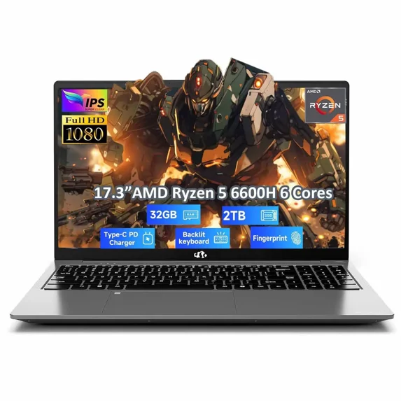 17.3" Gaming Laptop, AMD Ryzen 5 6600H 6 Cores 32GB DDR5 RAM 2TB SSD (Beat i7-1165G7, Up to 4.5GHz) Radeon 660M GPU-Computer with 100W Type-C Backlit Keyboard Fingerprint Win 11