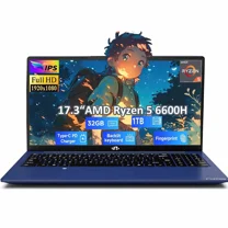 17.3" Gaming Laptop, AMD Ryzen 5 6600H 6 Cores (Beat i7-1165G7, Up to 4.5GHz) 32GB DDR5 RAM 1TB SSD Radeon 660M Backlit Keyboard Fingerprint Computer with 100W Type-C