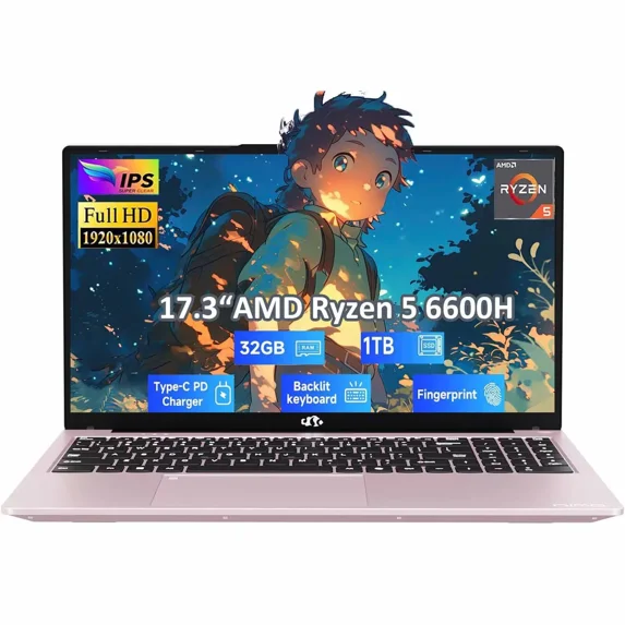 17.3" Gaming Laptop, AMD Ryzen 5 6600H 6 Cores (Beat i7-1165G7, Up to 4.5GHz) 32GB DDR5 RAM 1TB SSD Radeon 660M Backlit Keyboard Fingerprint Computer with 100W Type-C
