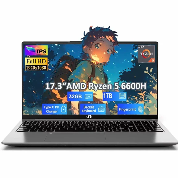 17.3" Gaming Laptop, AMD Ryzen 5 6600H 6 Cores (Beat i7-1165G7, Up to 4.5GHz) 32GB DDR5 RAM 1TB SSD Radeon 660M Backlit Keyboard Fingerprint Computer with 100W Type-C