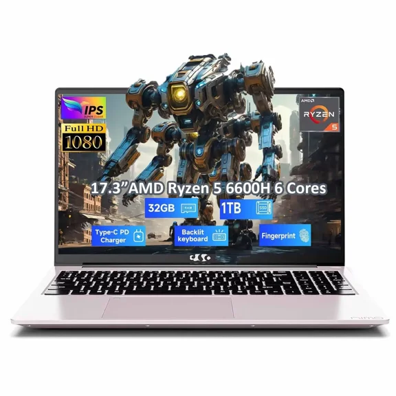 17.3" Gaming Laptop, AMD Ryzen 5 6600H 6 Cores (Beat i7-1165G7, Up to 4.5GHz)32GB DDR5 RAM 1TB SSD Radeon 660M GPU-Computer with 100W Type-C Backlit Keyboard Fingerprint